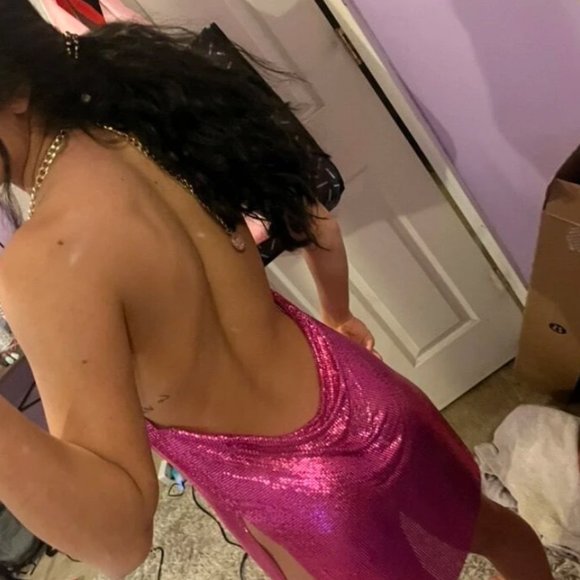 Drape Neck Backless Chain Strap Split Thigh Glitter Halter Dress - pink - Picture 9 of 10